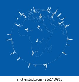 Oil rigs on Earth. Vector rendering of 3d. Wire-frame style
