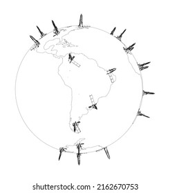 Oil rigs on Earth. Vector rendering of 3d. Wire-frame style