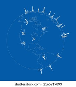 Oil rigs on Earth. Vector rendering of 3d. Wire-frame style