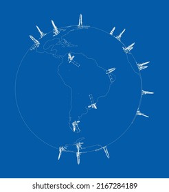 Oil rigs on Earth. Vector rendering of 3d. Wire-frame style