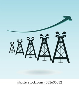 Oil rigs, oil production growth. Investments in extraction of minerals, profit growth