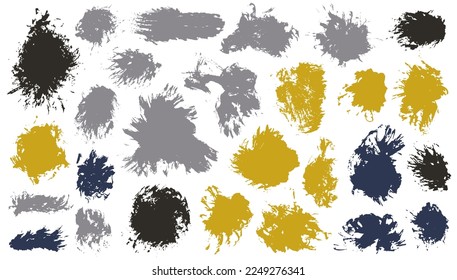 Oil rough brush stroke vector group. Freehand smudge blotch swash elements. Droplet paintbrush textured sticker stamp bundle. Brush stroke paint stains drawing.