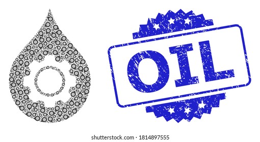 Oil rubber stamp seal and vector recursive mosaic oil industry gear. Blue seal contains Oil title inside rosette. Vector mosaic is organized from recursive rotated oil industry gear icons.