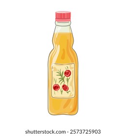 Oil sauce in bottle in flat design. Vinegar or olive condiment product. Vector illustration isolated.