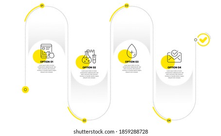 Oil serum, Chemistry lab and Internet report line icons set. Timeline process infograph. Approved mail sign. Cosmetic care, Laboratory, Web tutorial. Confirmed document. Business set. Vector