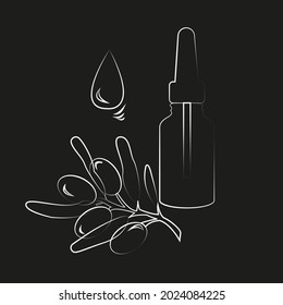  Oil, serum, face mask. Olive cosmetics. Organic lip balm. Skin care products. White icon on a black background. Cosmetology. 