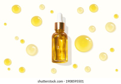 Oil serum glass bottle and collagen drops realistic vector illustration, top view. Aromatherapy oil. Cosmetic skincare anti-age fluid