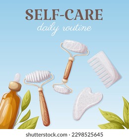 Oil serum, gua sha tools, scraper, rollers, comb of natural stones, white agate, rose quartz. Self-care, daily routine, square card. Vector illustration