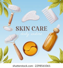 Oil serum, gua sha tools, scraper, rollers, comb of natural stones, white agate, rose quartz, eye patches. Skin care, daily routine, square card. Vector illustration