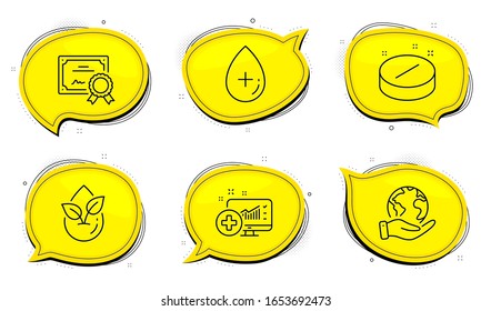 Oil serum sign. Diploma certificate, save planet chat bubbles. Medical tablet, Organic product and Medical analytics line icons set. Medicine pill, Leaf, Medicine system. Cosmetic care. Vector