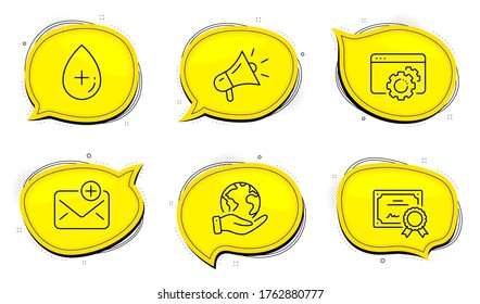 Oil serum sign. Diploma certificate, save planet chat bubbles. Seo gear, Megaphone and New mail line icons set. Settings, Brand advertisement, Add e-mail. Cosmetic care. Business set. Vector