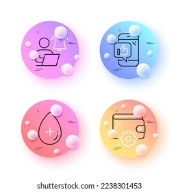 Oil serum, User notification and Mobile like minimal line icons. 3d spheres or balls buttons. Wallet icons. For web, application, printing. Cosmetic care, Work notice, Phone thumbs up. Vector