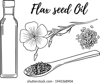 Aceite fijado. Ilustración vectorial dibujada a mano. Aceite de semilla floja. Uso para productos cosméticos o alimentos. Esbozo estilo vector ilustración de alimento orgánico.