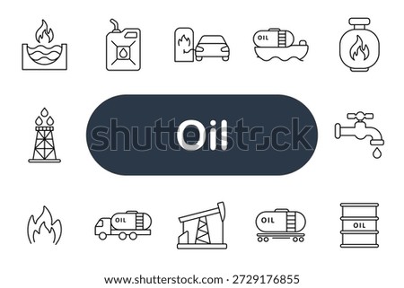 Oil set icon. Barrel, pumpjack, refinery, pipeline, tanker, flame, droplet, truck, gas station, rig, industry, production, energy, fuel, economy, drilling, transport, resource, power, petroleum