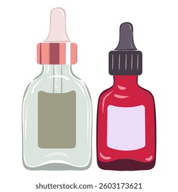 Oil set icon. Two cosmetic dropper bottles, transparent and amber, represent essential oils, skincare blends, natural ingredients, beauty rituals.