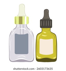 Oil set icon. Two cosmetic dropper bottles, transparent and amber, represent essential oils, skincare blends, natural ingredients, beauty rituals.