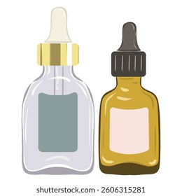 Oil set icon. Two cosmetic dropper bottles, transparent and amber, represent essential oils, skincare blends, natural ingredients, beauty rituals.