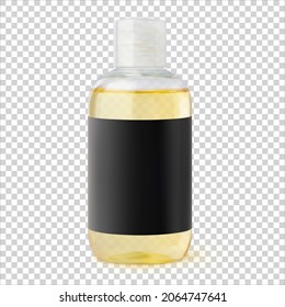 Oil Skin Care And Body Care Bottle With Black Label 3d Realistic Vector Illustration Mockup, Isolated. Plastic Container With Makeup Remover, Massage Oil, Cosmetic Product, Natural Argan Oil