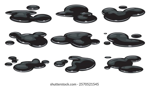 Oil slick spills. Set of black stain isolated vector illustration