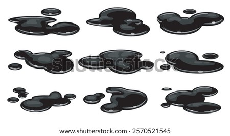 Oil slick spills. Set of black stain isolated vector illustration