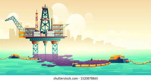 Oil Spill Accident On Sea Drilling Rig Platform Cartoon Vector Illustration. Filters Cleaning Up Oil Stains On Water Surface. Technogenic Catastrophe, Ecological, Environmental Disaster Liquidation