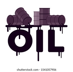 Oil spill from barrels into a word. Letters showing escape and release of liquid petroleum, damaging environment, ecosystem disasters. Vector flat style cartoon illustration isolated, white background