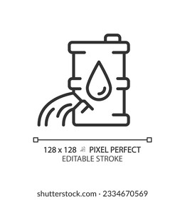Icono lineal del derrame de petróleo. Contaminación ambiental. Contaminación oceánica. Accidente químico. Camión de combustible. Impacto humano. Ilustración de línea delgada. Símbolo de contorno. Dibujo del contorno del vector. Trazo editable
