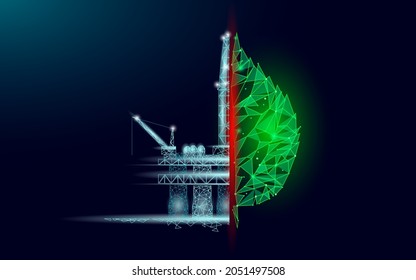 Oil spill nature pollution problem concept. Oil slicks environmental disaster marine platform. Petroleum industry ocean waste toxic solution 3D vector illustration