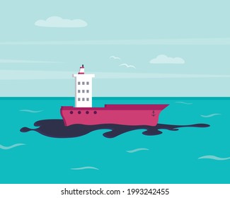 Oil spill on water. Ecological disaster. Environmental pollution. Ecological problem. Vector illustration in a flat style.