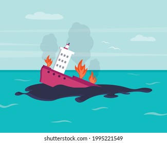 Derrame de petróleo en el agua. Desastre ecológico. Contaminación ambiental. Problema ecológico. Quemando, hundiéndose. Fuego en un camión cisterna. Concepto de naufragio. Ilustración vectorial en un estilo plano.