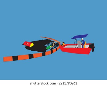 Oil spill Response illustration. Oil boom vector. Oil skimmer vector.