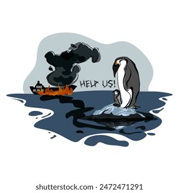 Oil spill in sea and dirty bear. Environment disaster, ocean pollution, ecology catastrophe concept. Vector cartoon illustration