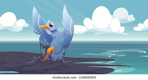 Oil spill in sea and dirty bird. Environment disaster, ocean pollution, ecology catastrophe concept. Vector cartoon illustration of marine landscape with petroleum slick on water surface and seagull