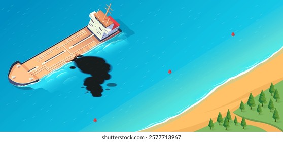 Oil spill from a ship near the coastline with a forested shore. Vector illustration