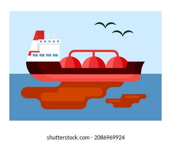Oil spill from tanker illustration. Pollution of environment through fuel spills into ocean global environmental disaster in marine area modern industry pollutes environment. Vector cartoon ecology.