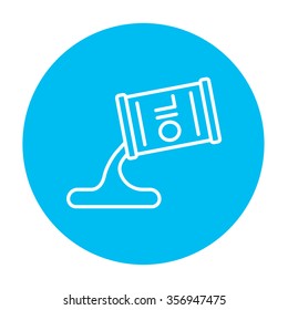 Oil spilling from barrel line icon for web, mobile and infographics. Vector white icon on the light blue circle isolated on white background.