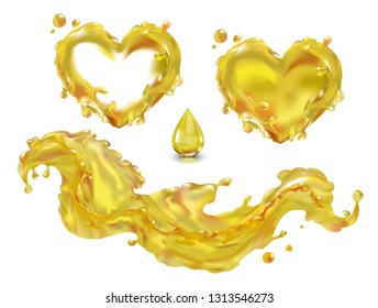 Oil splash drop capsule vector isolated on white background with transparency. The wave of the oil liquid heart yellow. Vegetable, olive, machine. Food, cosmetology, medicine, industry.