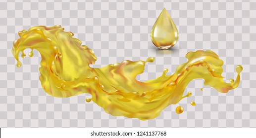 Oil Splash Drop Vector Isolated, White Background With Transparency. Wave Of The Oil Liquid Is Yellow. Vegetable, Olive, Machine. Food, Cosmetology, Medicine, Industry. Fish Oil, Vitamin A, E, Omega