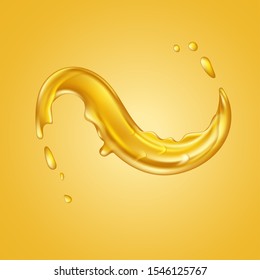 Oil splash or orange liquid spill. Dripping honey like design element.  Curvy wave of amber wavy fluid. Graphic concept for your design
