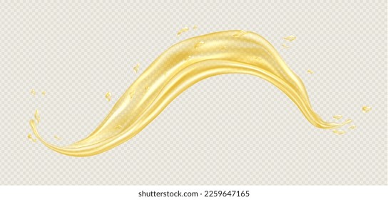 Oil splash, realistic orange or lemon juice wave, yellow liquid swirl with drops. Food advertisement with olive or sunflower oil concept. Vector illustration.