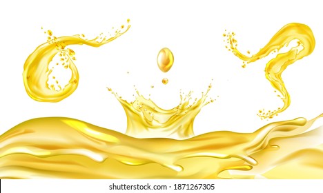 Juego de salpicaduras de aceite. Flujo del río amarillo. El combustible cae. Corona líquida de oro. Crema de goteo de macro. Enfrentamientos realistas. Omega 3 6 9 vitamina.  Ilustración vectorial.