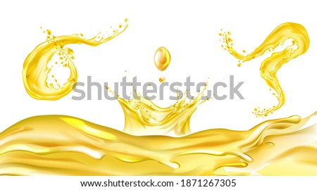 Oil splash set. Yellow river flow. Fuel drops. Gold liquid crown. Macro drip cream. Realistic splashes. Omega 3 6 9 vitamin.  Vector illustration.