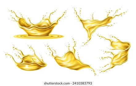 Oil splashes. Motor oil, juice and beer swirls. Isolated realistic 3d vector yellow glistening drips with splashing drops in motion. Liquid honey, beverage, nectar or fuel fluids captured mid-air