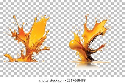 Oil splashes, orange or lemon juice splashes, liquid yellow drink streams with drops. Fruit beverage elements for advertising or package design. 