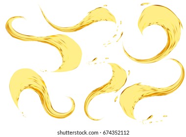 Oil splashing isolated on white background. Vector 3d illustration set. Realistic yellow liquid with drops.
