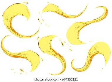 Oil splashing isolated on white background. Vector 3d illustration set. Realistic yellow liquid with drops.