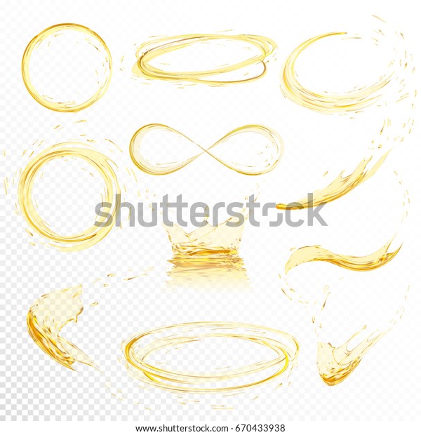 Oil splashing isolated on white background.\
Realistic yellow liquid with drop created with gradient mesh.\
Vector illustration set.