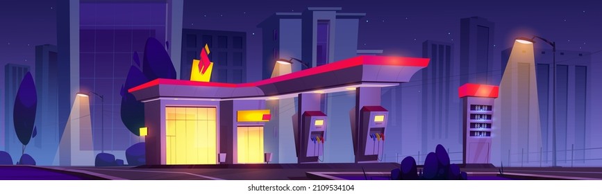 Oil station at night, cars refueling service. All day petrol shop building facade with market, price display and pump hoses, fuel selling for urban vehicles, gas refill, Cartoon vector illustration