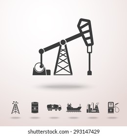 Oil station with shadow, and set of oil industry icons -  barrel, gas station, rigs, tanker, oil truck, plant. Vector