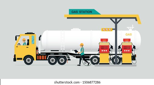 Oil stations with trucks in a gray background